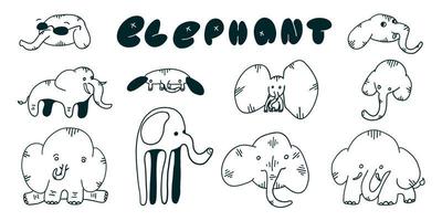 Elephants set in different situations. Vector illustration in outline doodle flat style isolated on white background.
