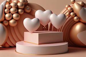 3d mock up Stage podium decorated with heart shape balloons and with gift box photo