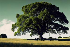 In the field, a lone green oak tree photo