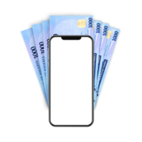 Ilustración 3d de billetes de naira nigerianos detrás del teléfono móvil png