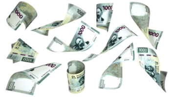 3D rendering of 1000 Mexican peso notes flying in different angles and orientations png