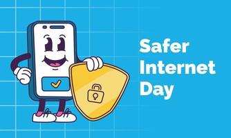 Safer internet day. Phone with a shield in trendy groovy style. Old cartoon character. vector