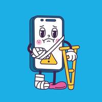 Broken sad phone in trendy groovy style. Old cartoon character. vector