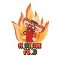 Spicy Mexican food concept. Cute comic character red chilli pepper with sombrero and fire. Doodle drawn vector illustration for dishes, menu, poster, flyer, banner, delivery, cooking concept