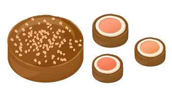 conjunto de sabrosas galletas de arroz y pastel dulce pegajoso con semillas de sésamo en la parte superior. postre chino. ilustración dibujada en plano vectorial para platos de restaurante, menú, dulces, concepto de cocina vector