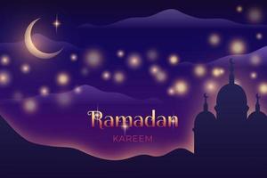 Ramadan Kareem. 3d background with Arabic mosque silhouette, text, starry sky for celebration holy month of the Muslim community. Vector illustration for card, invitation, poster, banner