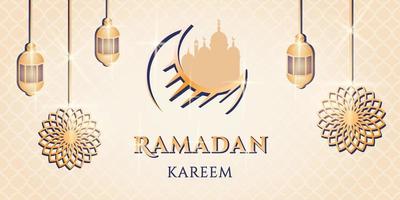 tarjeta de felicitación de ramadán kareem. banner 3d realista con silueta de mezquita, linterna, flores doradas, luna, linterna, patrón. fiesta religiosa nacional. bandera de eid mubarak. ilustración vectorial vector