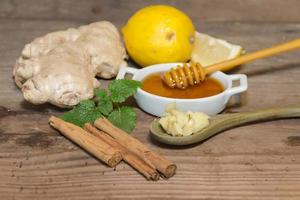 composition of ginger lemon honey and fresh mint photo
