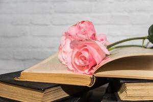 rosas rosadas y libros sobre madera rústica foto