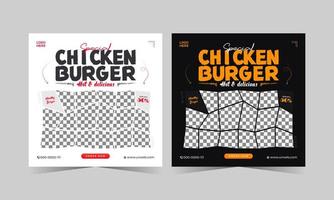 Food social media banner design template. Chicken burger social media post vector illustration. Square size.