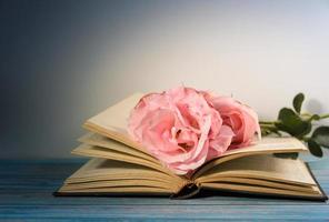 rosas rosadas y libros sobre madera rústica foto