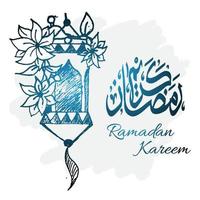 hand drawn style ramadan kareem sketch with lantern, flowers and arabic calligraphy. islamic vector illustration