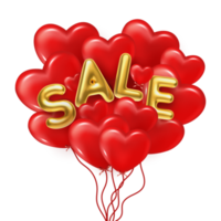 Valentine's day. 3d red balloons in shape heart with gold metallic text Sale. Balloons and ribbon fly. Romantic transparent background, creative banner, greeting card, poster, social media post. PNG