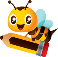 De vuelta a la escuela. Abeja linda 3d que sostiene un lápiz grande con una ilustración de personaje de sonrisa feliz png