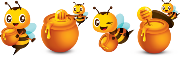 Cartoon happy smiling bee with honey pot mascot collection set. Cute bee carrying honey pot and putting honey dipper into honey pot. Set of bee character illustration png