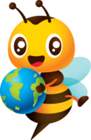 Ecological Sustainability concept. Cartoon cute bee holding globe character illustration png