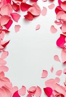 Valentine frame made of rose flowers, confetti on white background photo