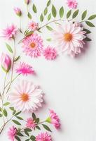 Beautiful pink flowers on white wooden background, Valentine's day concept with copy space photo