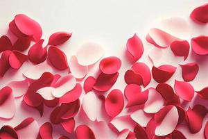 marco de san valentín hecho de flores rosas, confeti sobre fondo blanco foto