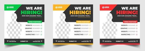 We are hiring job vacancy social media post banner design template with green, red and yellow color. We are hiring job vacancy square web banner design. vector