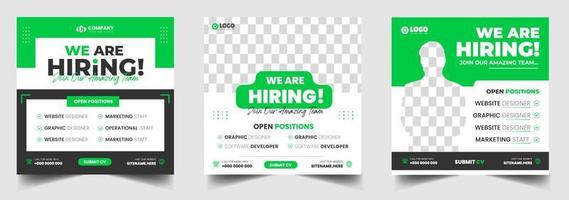 We are hiring job vacancy social media post banner design template with green color. We are hiring job vacancy square web banner design. vector