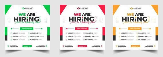 We are hiring job vacancy social media post banner design template with green, red and yellow color. We are hiring job vacancy square web banner design. vector