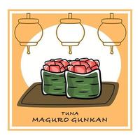 un miniset de atún gunkan maki sushi. ilustración vectorial de comida japonesa con letras y fondo auténtico. vector