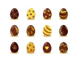 Easter eggs made of milk, dark and white chocolate, with different cute geometric and floral ornaments. Glossy cartoon objects. Collection of festive design elements for prints, ads vector
