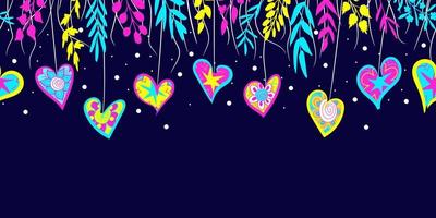 Colorful doodle paper hearts, hanging on threads with herbs, leaves, on dark-blue background. Fancy hand-drawn Valentine design, cute childlike pattern. Simple modern seamless border with copy space vector