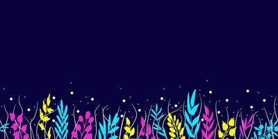 Vividly colored herbs, leaves, grass with fireflies against dark-blue background. Fancy hand-drawn design, pattern. Simple modern nature, beauty border with copy space, for prints on paper, fabric vector