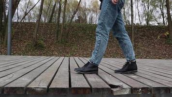 uma mulher andando de botas, jeans e uma jaqueta em uma ponte de madeira sobre um lago no outono, uma jornada alegre e feliz sem preocupações. relaxamento, curtindo a vida na natureza, baixo ângulo de visão. video