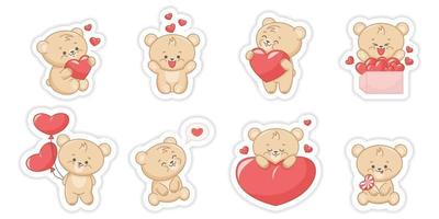 collection of stickers cute teddy bears with red hearts vector
