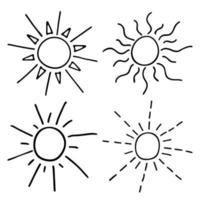 Doodle outlines of the sun. Vector drawing of sunbeams. Variety of sunbeams