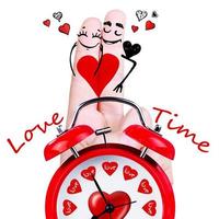 Happy finger couple in love with alarm clock. 3d illustration. photo