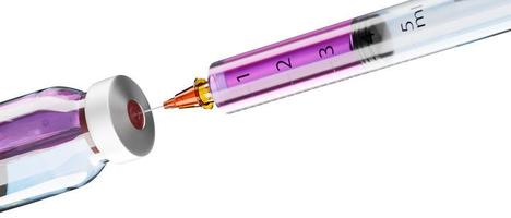 Medical syringe with a needle and a bollte with vaccine. 3D rendering photo