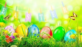 Beautiful Easter background with colorful Easter eggs. 3d illustration photo