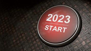 Start 2023. Happy New Year button. 3D illustration photo