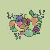 Collection of hand-drawn fruit like blueberry, apple, strawberry, lemon, banana, apple and pineapple, collected with leaves, branches in vivid colors, separated layering and grouped objects in vector