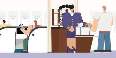 passenger relaxing in onboard lounge in business class cabin on airplane while traveling vacation holiday vector