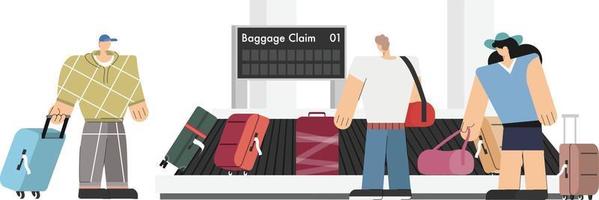 sala de llegadas en la cinta transportadora de equipaje mientras el pasajero toma su equipaje en el área terminal del aeropuerto vector
