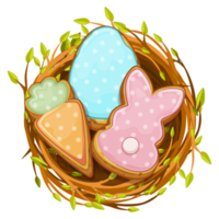 Nest with cute bunny, carrot, egg biscuit cookies png