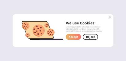 la protección de la información personal aparece en la web de Internet y utilizamos la notificación de la política de cookies en la ilustración vectorial plana del concepto de pantalla del portátil. vector