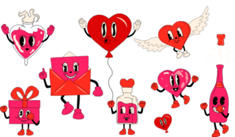 conjunto de lindas pegatinas de amor para planificador diario y diario sobre fondo oscuro. Personaje de mascota de dibujos animados de los años 30 Estilo de animación antiguo de los años 40, 50 y 60. concepto del día de san valentín png