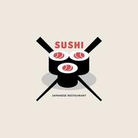 Sushi logo template. Vector Icon Style Illustration Logo of Asian Street Fast Food Bar or Shop, Sushi, Maki, Nigiri Salmon Roll with Chopsticks