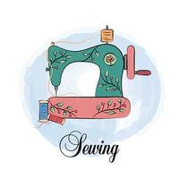 Sewing machine. Vector illustration of cute handdrawn vintage tailoring tool and threads. Text sewing and watercolor background