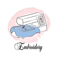 Embroidery machine electronic with display. Vector illustration. Text Embroidery and watercolor background. Isolated digital needleworking tool.