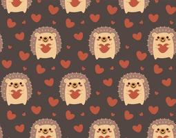 Seamless pattern of cute hedgehog and heart on dark background in flat vector style.