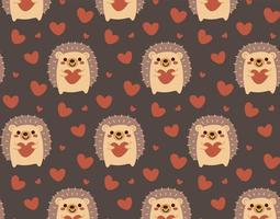 Seamless pattern of cute hedgehog and heart on dark background in flat vector style.