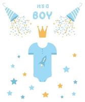 Design elements and decorations for a boy, for the design of a postcard, poster, invitation, print on fabric, for congratulations on the newborn, vector flat illustration