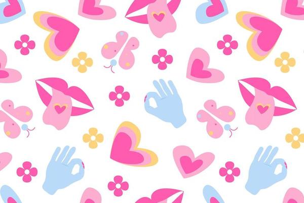 Seamless pattern in retro 70s style, flowers, butterflies, hearts, lips, tongue, hand, gesture